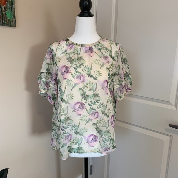 NWT  INC Floral Puff Sleeve Blouse, petite M - Picture 1 of 8